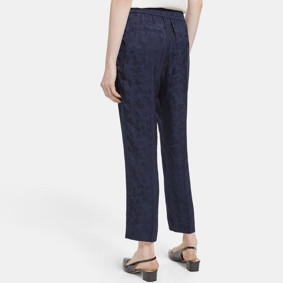 Theory Slim Pull On Pant in Viscose Jacquard Floral Navy Blue Ankle Trousers 6 - Picture 4 of 15